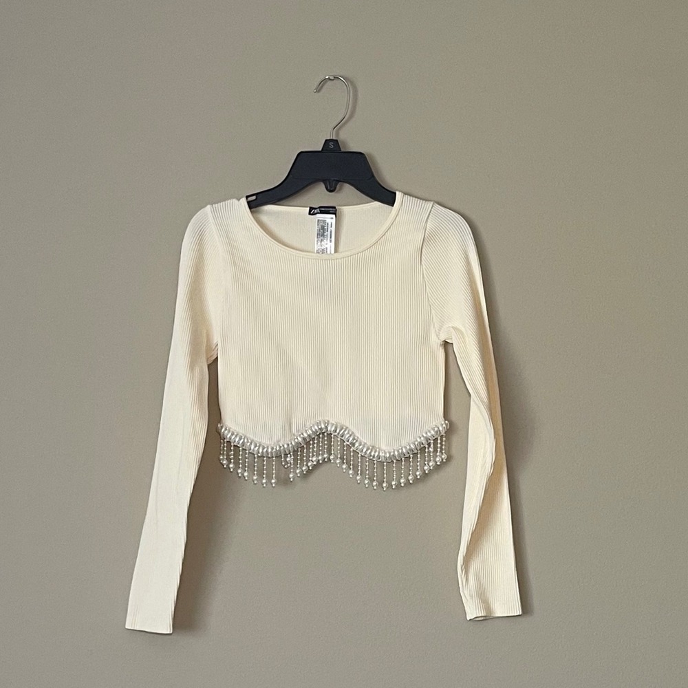 ZARA Cream Ribbed Cropped Long Sleeve Top Beaded Fringe‎ Size S